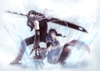 Anime characters sword snow sky - a sky background behind them free wallpaper