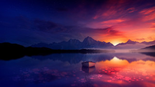 Boat lake sunset mountains pink - evgeny lushpin free wallpaper