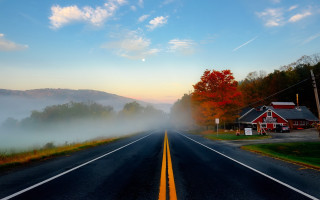Red house foggy sky autumn - a red house free wallpaper