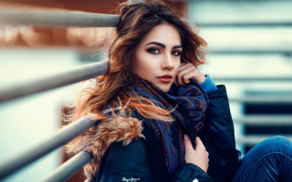 Woman sitting rail scarf fashion - blue jeans free wallpaper