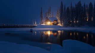 Cabin lake snow trees night - the dark free wallpaper