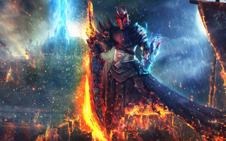 Woman armor fire ice sword - her hand and a city in the background free wallpaper