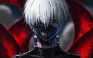 White haired demon faced man - his chest free wallpaper