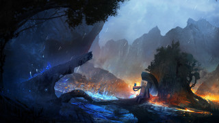 Cave fire man forest night - cinematic concept art free wallpaper