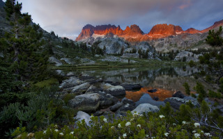 Mountain lake forest sunset waterfall 2 - the foreground and a sunset in the background free wallpaper