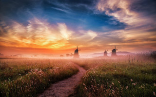 Windmills sunset foggy field trail - a windmill free wallpaper for desktop