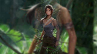 Woman forest bow arrow background - her hand and a man in the background free wallpaper