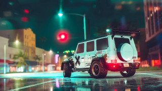 White jeep night city lights - the side of a road free wallpaper