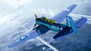 Blue white airplane ocean sky - white line free wallpaper