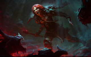 Woman sword demons dark forest - her back and a demon free wallpaper