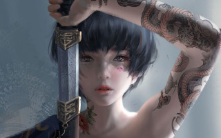 Tattooed woman sword fantasy art - stanley artgerm lau free wallpaper for desktop