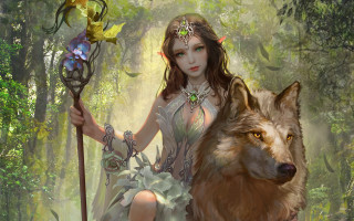 Woman wolf elf forest flower - free fantasy wallpaper