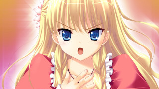 Blonde blueeyes pinkdress surprised hairflower - a blonde free wallpaper