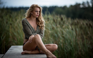 Woman field water blonde sitting - a body of water free wallpaper for desktop