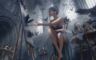 Woman bathing suit painting bird - artgerm free wallpaper