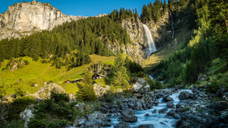 Waterfall valley house forest rocks - rock and grass free wallpaper