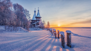 Church snowyfield sunset fence naiveart - a sunset in the background free wallpaper