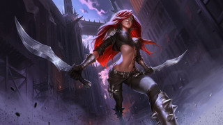 Redhair woman sword city night - a sky background and a building free wallpaper for desktop