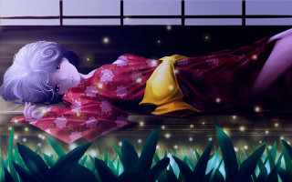 Woman kimono bed plant fireflies - a green plant in the background free wallpaper