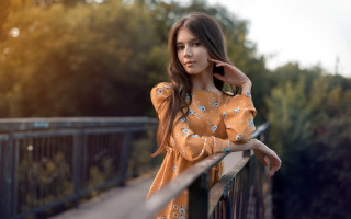 Woman leaning rail phone trees - the background and a bridge in the foreground free wallpaper