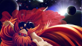Woman red dress goggles floating - giantess art free wallpaper for desktop