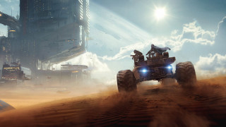 Futuristic vehicle desert city giant - a futuristic city in the background free wallpaper for desktop