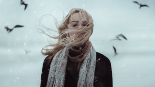 Woman wind snow birds portrait - a white sky free wallpaper