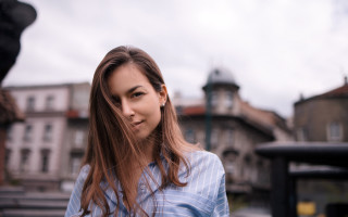 Woman clocktower building portrait bokeh - neoplasticism free wallpaper