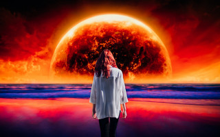 Red sky red sun beach - sci fi fantasy free wallpaper
