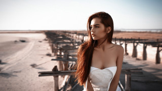 Red haired woman beach wooden - a wooden structure free wallpaper