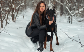 Woman kneeling snow dog forest - free dogs wallpaper for desktop