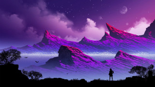 Mountain city skyline purple night 2 - anton fadeev free wallpaper