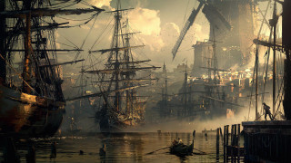 Harbor ships city smoke matte - the water and a city in the background free wallpaper