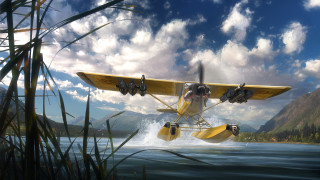 Yellow plane over water mountain - craig mullins free wallpaper for desktop