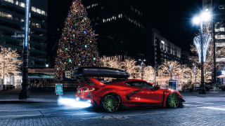 Red sports car christmas city - rim free wallpaper