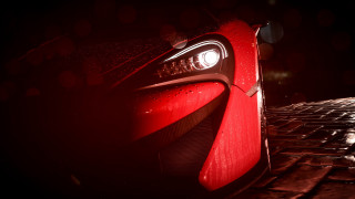 Red car brick sidewalk night - photorealistic lighting free wallpaper