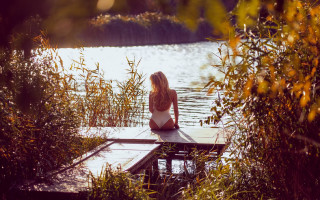 Woman dock lake autumn fireworks - lake free wallpaper