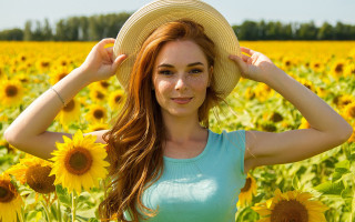 Sunflower field woman hat blue - elizabeth polunin free wallpaper for desktop
