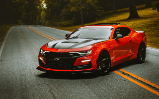 Red sports car forest road 7 - a black stripe free wallpaper