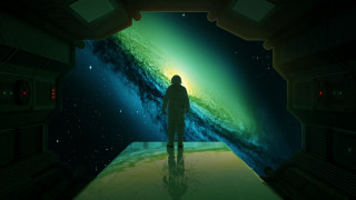 Doorway man aurora borealis stars - sci fi free wallpaper
