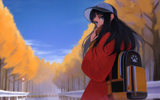 Woman dog backpack snowy autumn - graffiti free wallpaper for desktop