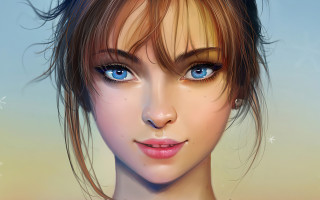 Blue eyed woman bangs freckles - a digital painting of a woman free wallpaper