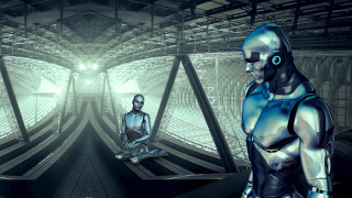 Robots tunnel man cyberpunk glowing - les automatiste free wallpaper
