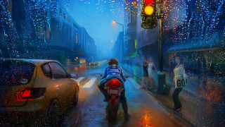Man motorcycle rainy street trafficlight - a rain free wallpaper