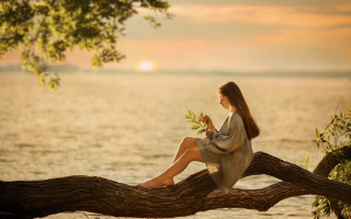 Woman sitting tree branch ocean - daphne mcclure free wallpaper for desktop