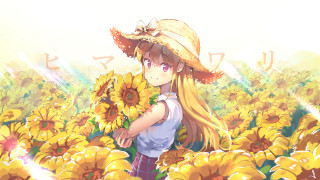 Sunflower girl hat bouquet outdoors - sun free wallpaper for desktop