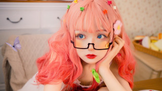 Pink hair glasses butterfly cosplay - above her head free wallpaper