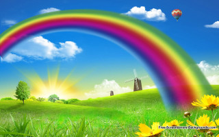 Rainbow field windmill blue sky - vivid free wallpaper