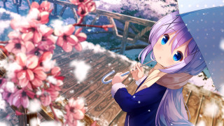 Purple hair girl umbrella snow - an umbrella in front free wallpaper