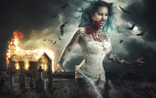 Green hair tattoos fire bats - dark art free wallpaper for desktop